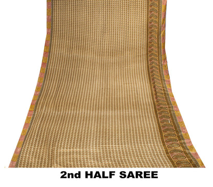Sanskriti Vintage Cream Soft Moss Crepe Saree Kalamkari Print Sari 5.5YD Fabric