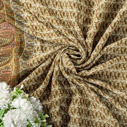 Sanskriti Vintage Cream Soft Moss Crepe Saree Kalamkari Print Sari 5.5YD Fabric