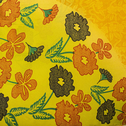 Vintage Yellow Moss Crepe Saree Floral Print Soft Fabric 5.5+Yard Craft Sewing Smooth Sari