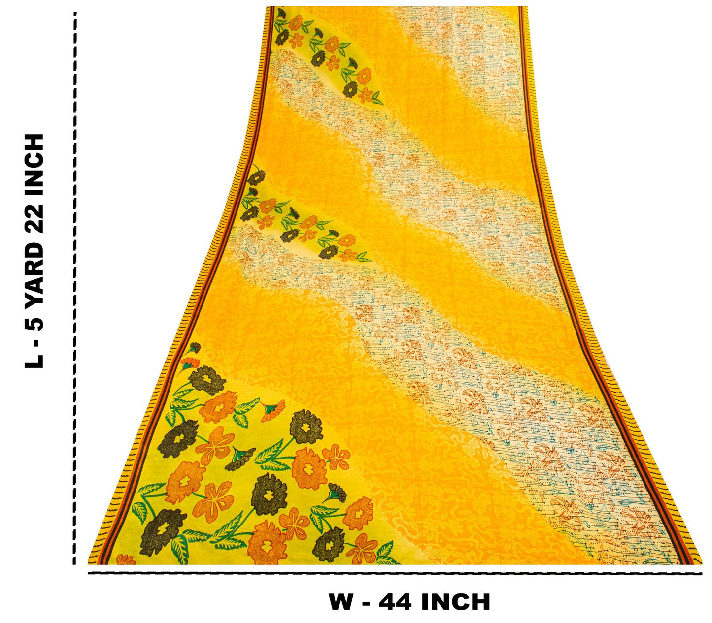 Vintage Yellow Moss Crepe Saree Floral Print Soft Fabric 5.5+Yard Craft Sewing Smooth Sari