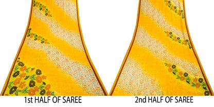 Vintage Yellow Moss Crepe Saree Floral Print Soft Fabric 5.5+Yard Craft Sewing Smooth Sari