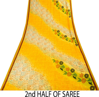 Vintage Yellow Moss Crepe Saree Floral Print Soft Fabric 5.5+Yard Craft Sewing Smooth Sari