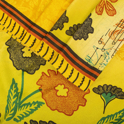 Vintage Yellow Moss Crepe Saree Floral Print Soft Fabric 5.5+Yard Craft Sewing Smooth Sari