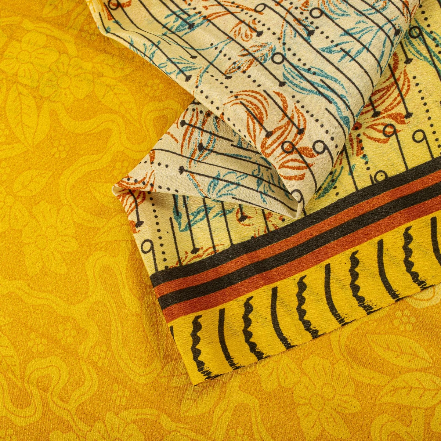 Vintage Yellow Moss Crepe Saree Floral Print Soft Fabric 5.5+Yard Craft Sewing Smooth Sari