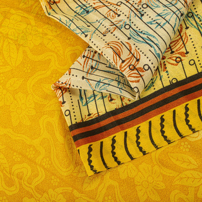 Vintage Yellow Moss Crepe Saree Floral Print Soft Fabric 5.5+Yard Craft Sewing Smooth Sari