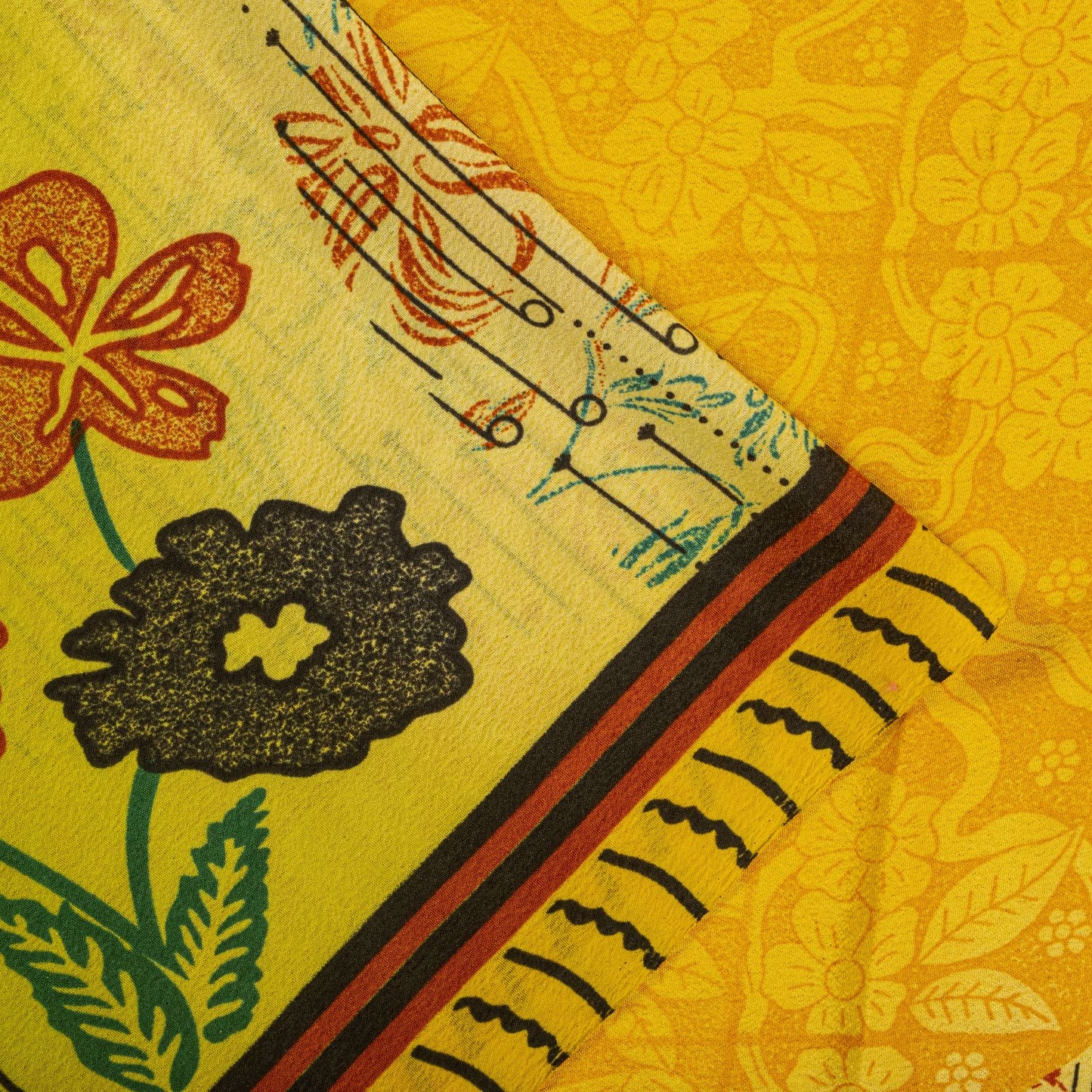 Vintage Yellow Moss Crepe Saree Floral Print Soft Fabric 5.5+Yard Craft Sewing Smooth Sari