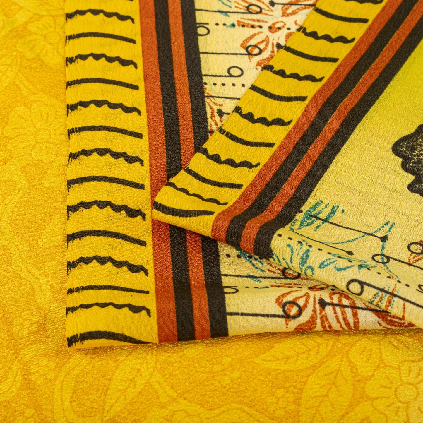 Vintage Yellow Moss Crepe Saree Floral Print Soft Fabric 5.5+Yard Craft Sewing Smooth Sari