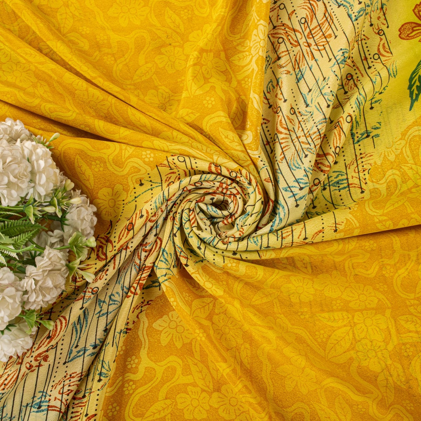 Vintage Yellow Moss Crepe Saree Floral Print Soft Fabric 5.5+Yard Craft Sewing Smooth Sari