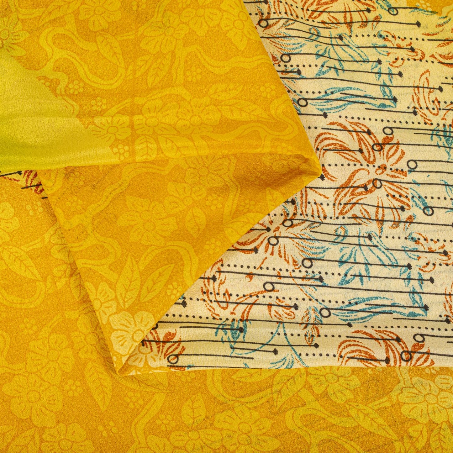 Vintage Yellow Moss Crepe Saree Floral Print Soft Fabric 5.5+Yard Craft Sewing Smooth Sari