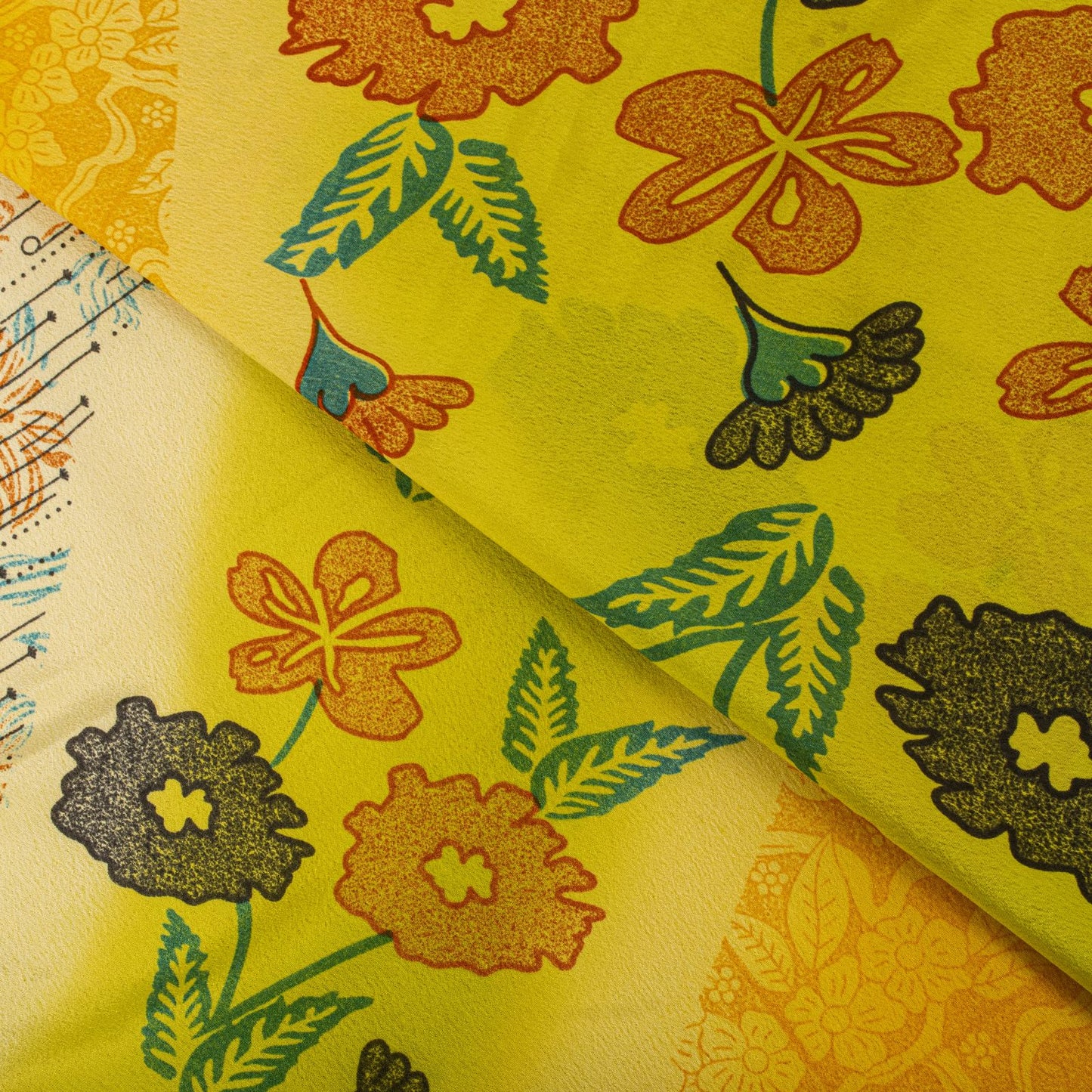 Vintage Yellow Moss Crepe Saree Floral Print Soft Fabric 5.5+Yard Craft Sewing Smooth Sari