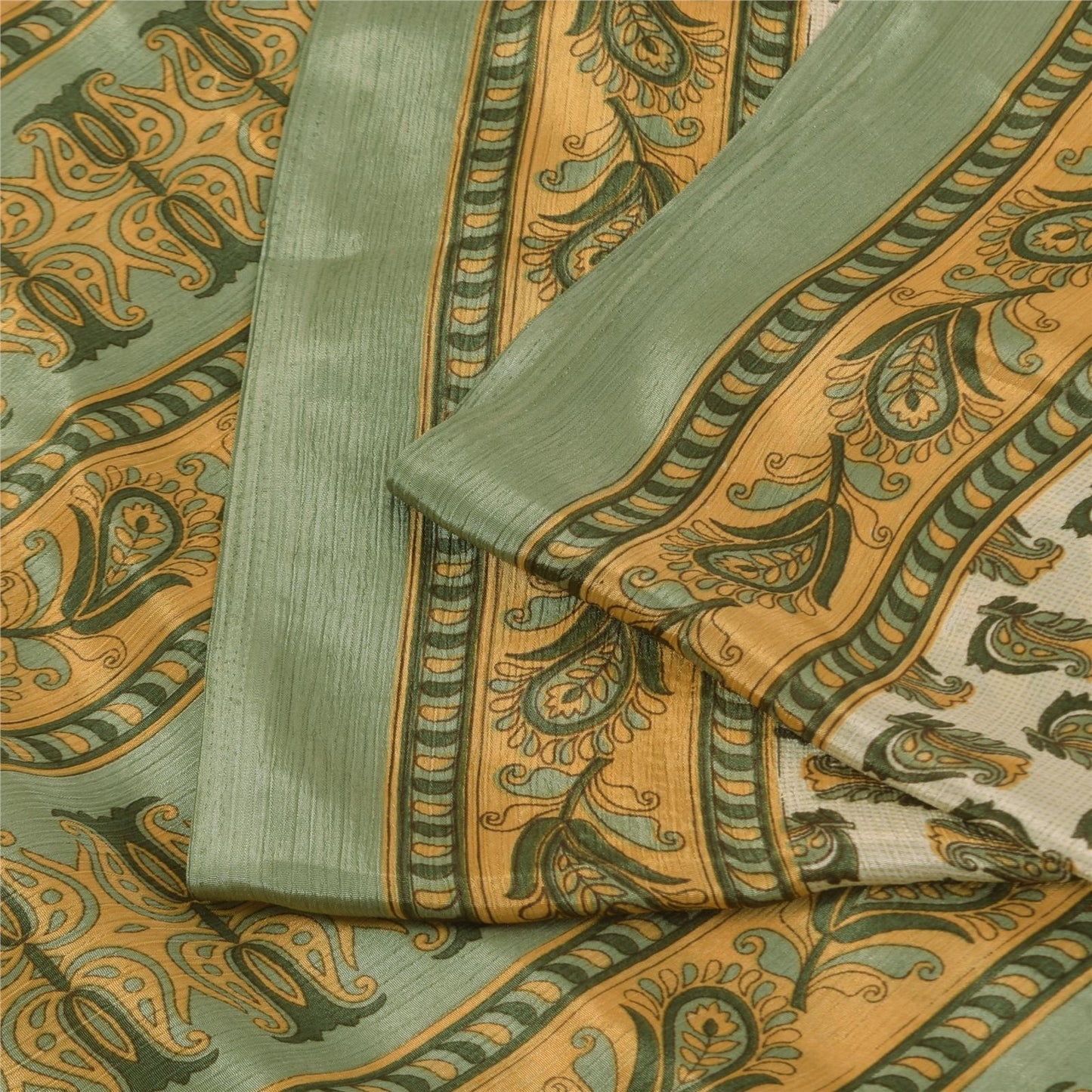 Sanskriti Vintage Soft Cream Moss Crepe Saree Paisley Printed Sari 5.5YD Fabric