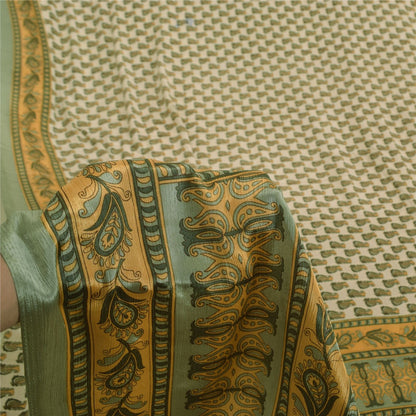 Sanskriti Vintage Soft Cream Moss Crepe Saree Paisley Printed Sari 5.5YD Fabric