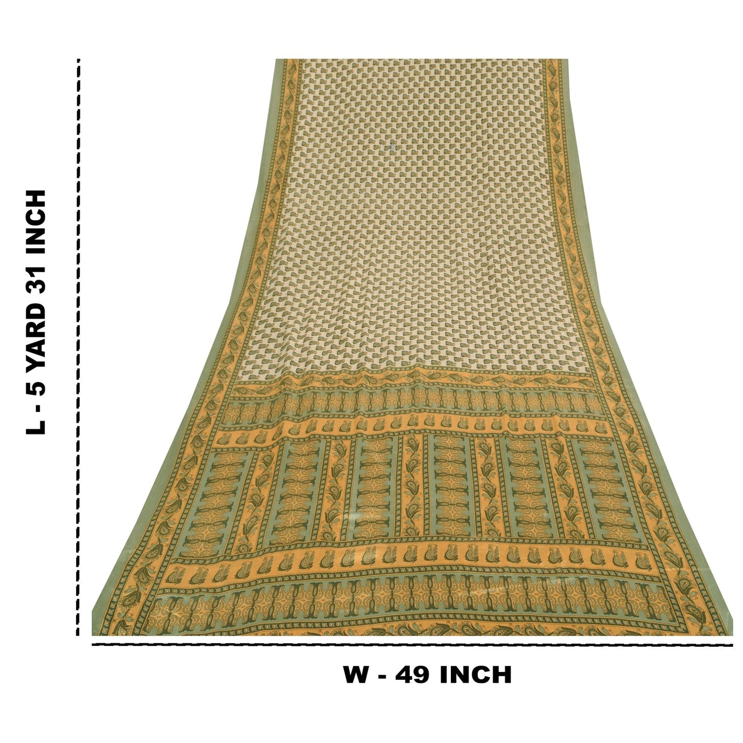 Sanskriti Vintage Soft Cream Moss Crepe Saree Paisley Printed Sari 5.5YD Fabric