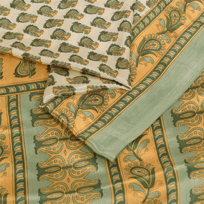 Sanskriti Vintage Soft Cream Moss Crepe Saree Paisley Printed Sari 5.5YD Fabric
