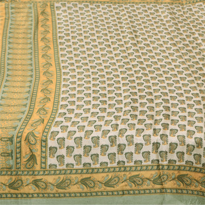 Sanskriti Vintage Soft Cream Moss Crepe Saree Paisley Printed Sari 5.5YD Fabric