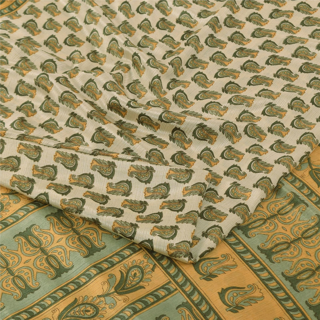 Sanskriti Vintage Soft Cream Moss Crepe Saree Paisley Printed Sari 5.5YD Fabric