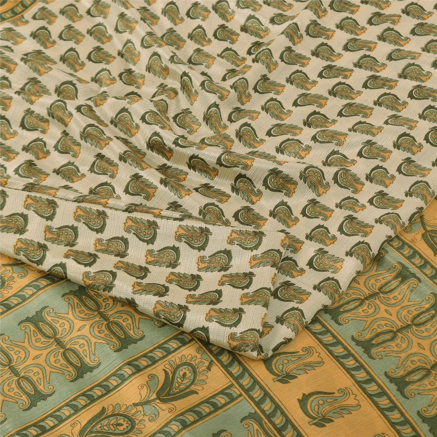 Sanskriti Vintage Soft Cream Moss Crepe Saree Paisley Printed Sari 5.5YD Fabric