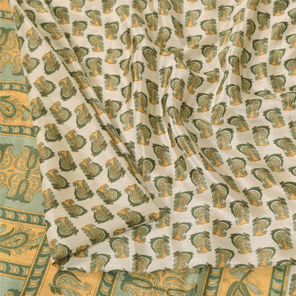 Sanskriti Vintage Soft Cream Moss Crepe Saree Paisley Printed Sari 5.5YD Fabric