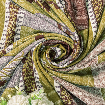 Sanskriti Vintage Green Saree Moss Crepe Abstract Print Sari 5.5 Yard Fabric DIY