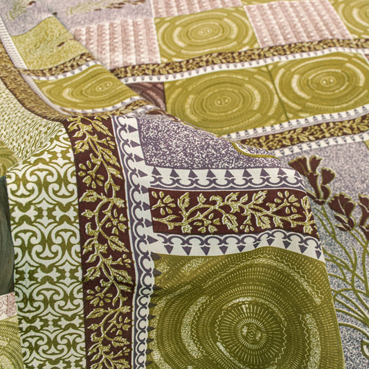Sanskriti Vintage Green Saree Moss Crepe Abstract Print Sari 5.5 Yard Fabric DIY