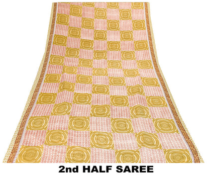 Sanskriti Vintage Green Saree Moss Crepe Abstract Print Sari 5.5 Yard Fabric DIY