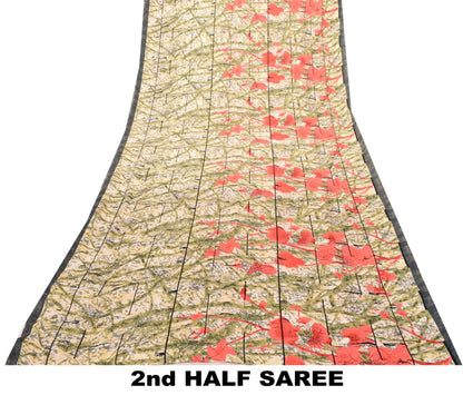 Sanskriti Vintage Soft Ivory Moss Crepe Saree Abstract Printed Sari 5.5YD Craft