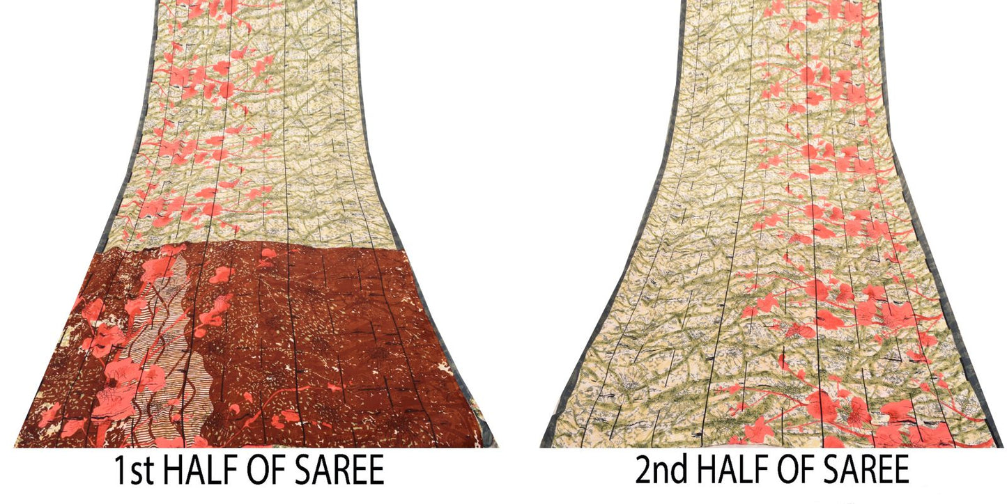 Sanskriti Vintage Soft Ivory Moss Crepe Saree Abstract Printed Sari 5.5YD Craft