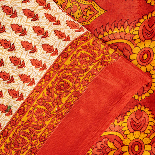 Sanskriti Vintage Ivory-Orange Moss Crepe Sarees Block Print 5+YD Floral Fabric