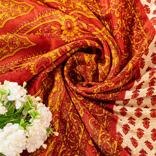Sanskriti Vintage Ivory-Orange Moss Crepe Sarees Block Print 5+YD Floral Fabric