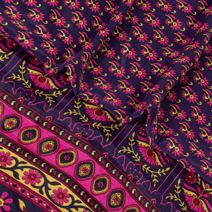 Sanskriti Vintage Sarees Purple & Pink Floral Printed 5+YD Moss Crepe Soft Sari