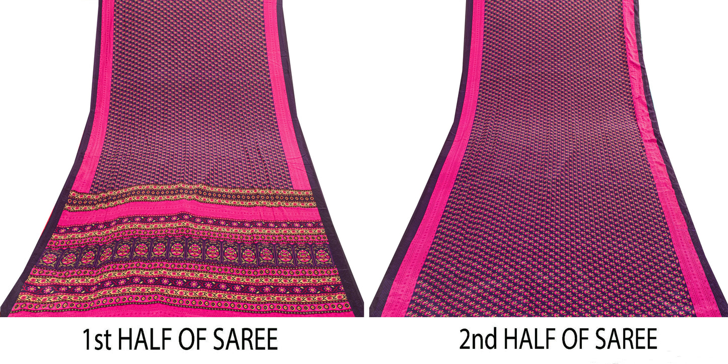 Sanskriti Vintage Sarees Purple & Pink Floral Printed 5+YD Moss Crepe Soft Sari