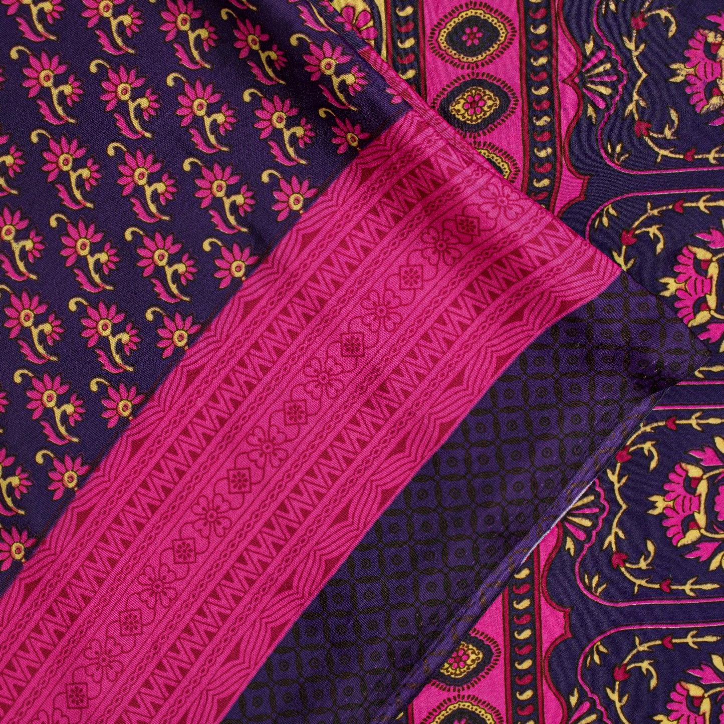 Sanskriti Vintage Sarees Purple & Pink Floral Printed 5+YD Moss Crepe Soft Sari