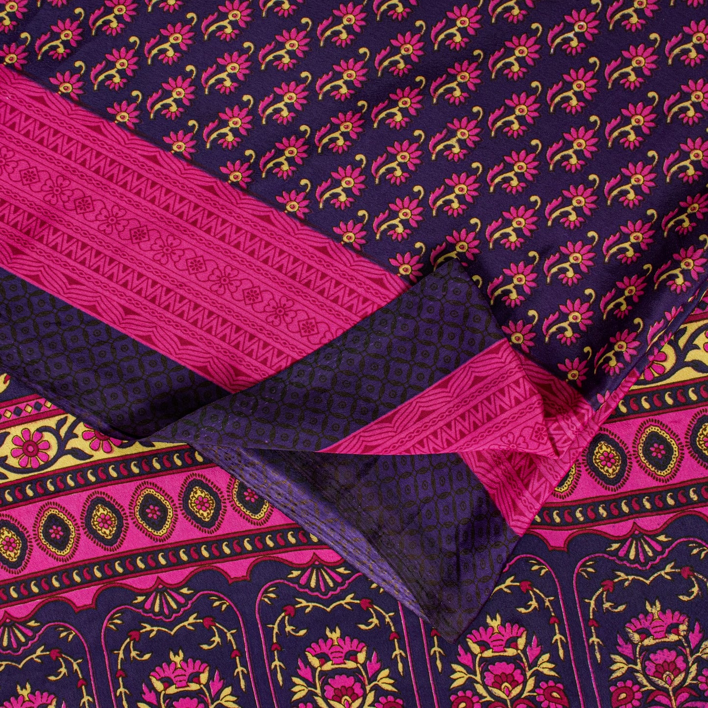 Sanskriti Vintage Sarees Purple & Pink Floral Printed 5+YD Moss Crepe Soft Sari