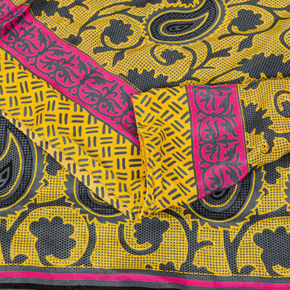Sanskriti Vintage Sarees Craft Supplie Yellow Paisley Print 5+YD Moss Crepe Sari