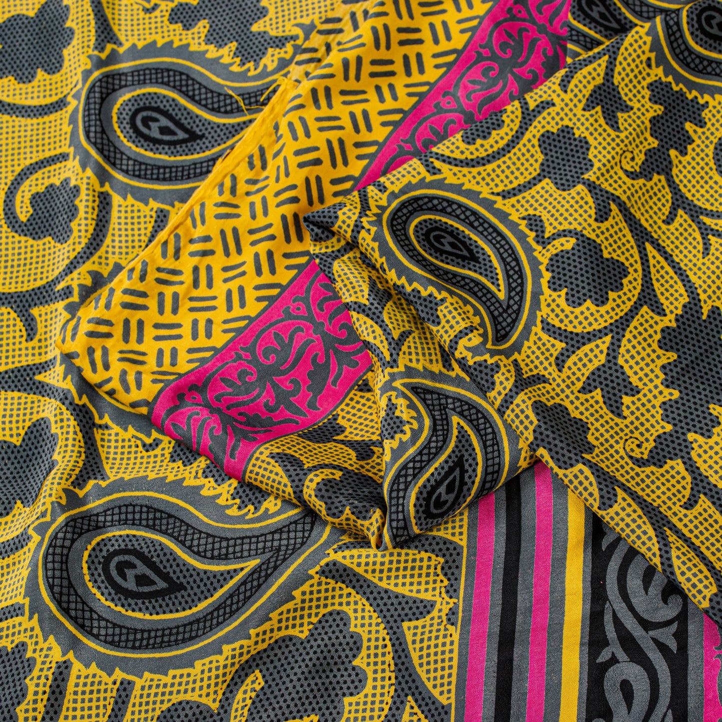 Sanskriti Vintage Sarees Craft Supplie Yellow Paisley Print 5+YD Moss Crepe Sari