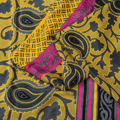 Sanskriti Vintage Sarees Craft Supplie Yellow Paisley Print 5+YD Moss Crepe Sari