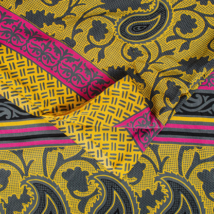 Sanskriti Vintage Sarees Craft Supplie Yellow Paisley Print 5+YD Moss Crepe Sari