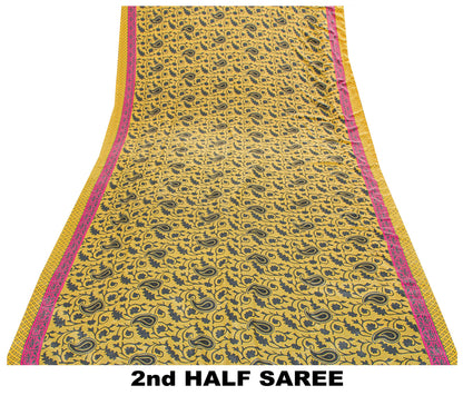 Sanskriti Vintage Sarees Craft Supplie Yellow Paisley Print 5+YD Moss Crepe Sari