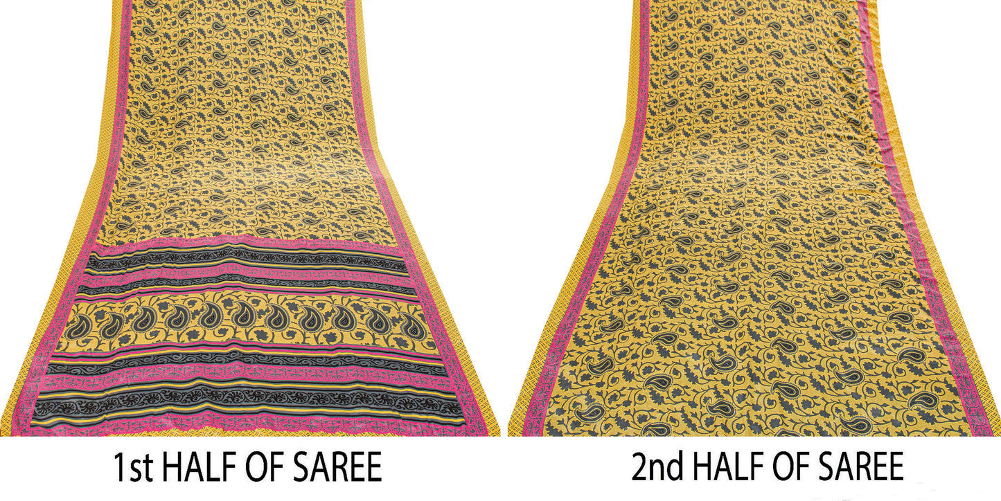 Sanskriti Vintage Sarees Craft Supplie Yellow Paisley Print 5+YD Moss Crepe Sari