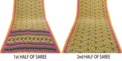 Sanskriti Vintage Sarees Craft Supplie Yellow Paisley Print 5+YD Moss Crepe Sari