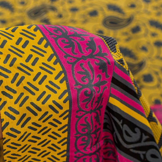 Sanskriti Vintage Sarees Craft Supplie Yellow Paisley Print 5+YD Moss Crepe Sari