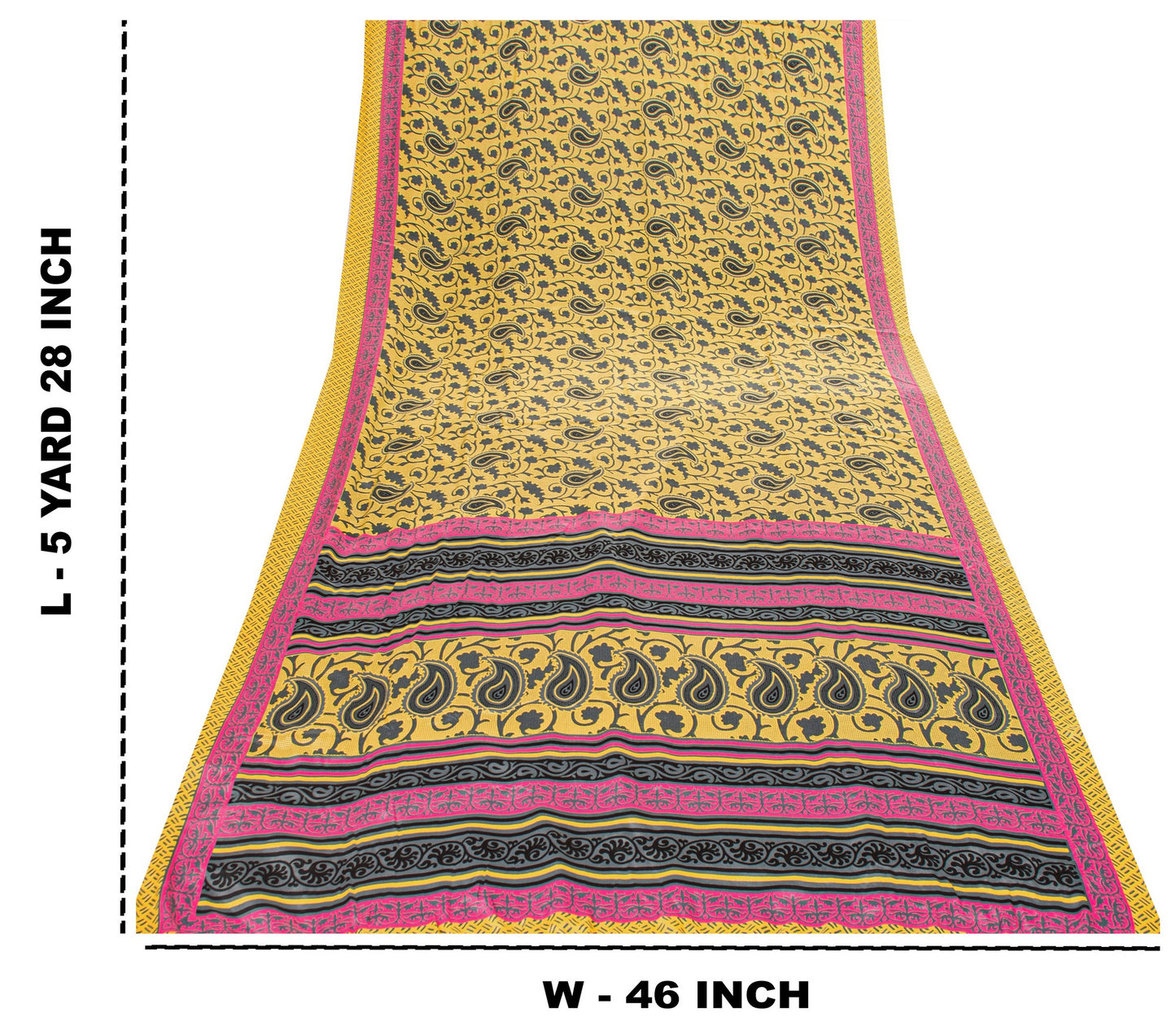 Sanskriti Vintage Sarees Craft Supplie Yellow Paisley Print 5+YD Moss Crepe Sari