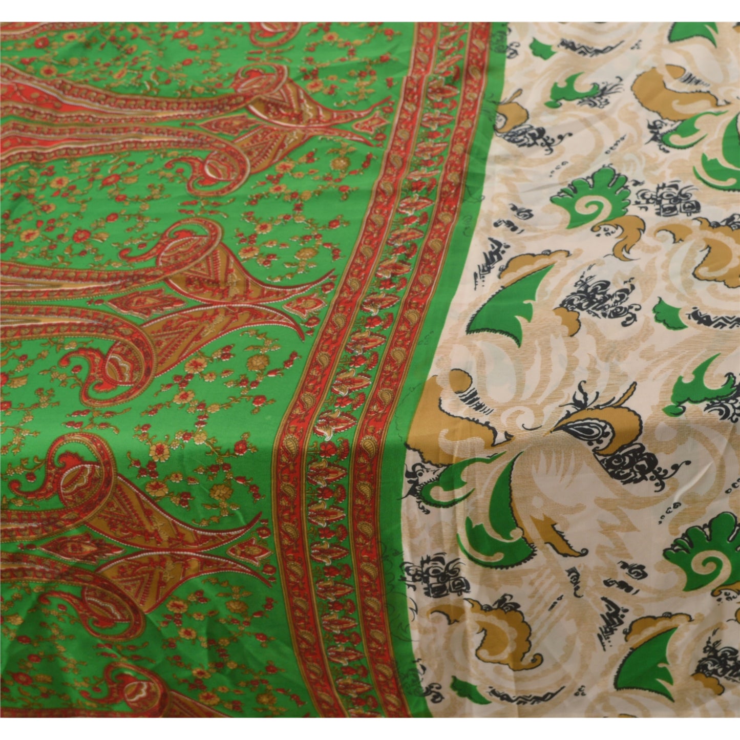 Sanskriti Vintage Cream Printed Sarees Moss Crepe Sari 5 Yd Craft Soft Fabric