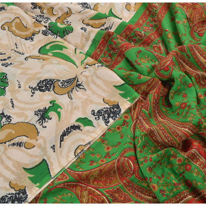Sanskriti Vintage Cream Printed Sarees Moss Crepe Sari 5 Yd Craft Soft Fabric