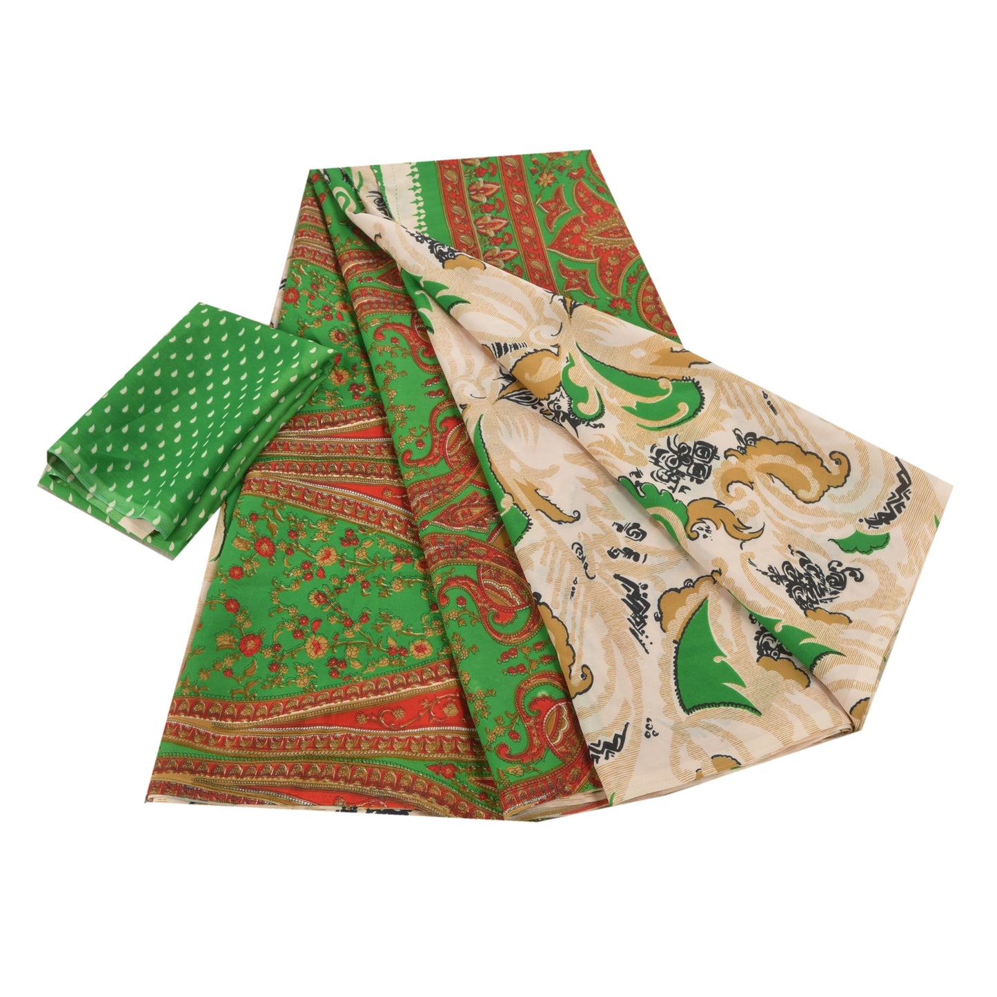 Sanskriti Vintage Cream Printed Sarees Moss Crepe Sari 5 Yd Craft Soft Fabric