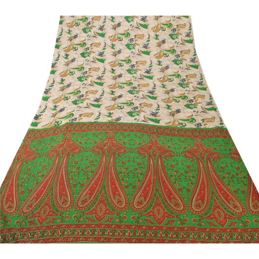 Sanskriti Vintage Cream Printed Sarees Moss Crepe Sari 5 Yd Craft Soft Fabric
