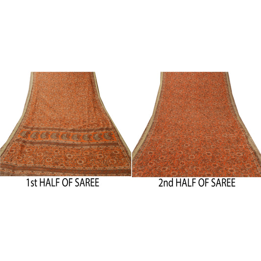 Sanskriti Vintage Printed Orange Sarees Moss Crepe Sari 5 Yd Craft Decor Fabric