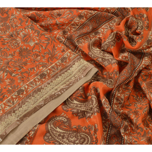 Sanskriti Vintage Printed Orange Sarees Moss Crepe Sari 5 Yd Craft Decor Fabric