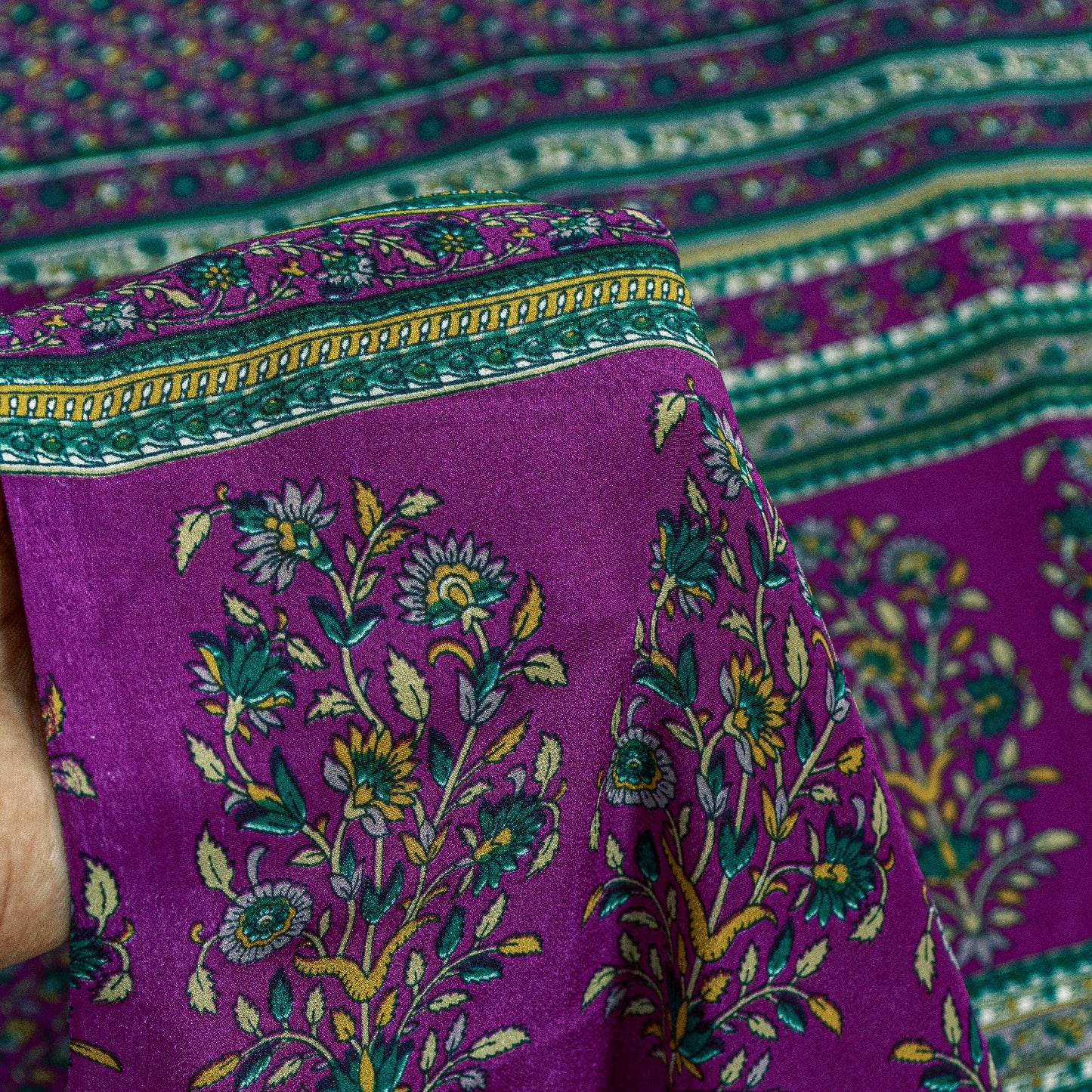 Sanskriti Vintage Craft Supplies Home Deco Purple Floral Printed Sari Moss Crepe