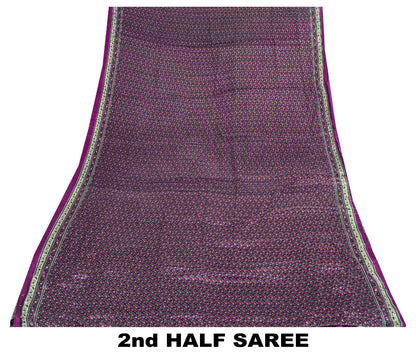 Sanskriti Vintage Craft Supplies Home Deco Purple Floral Printed Sari Moss Crepe